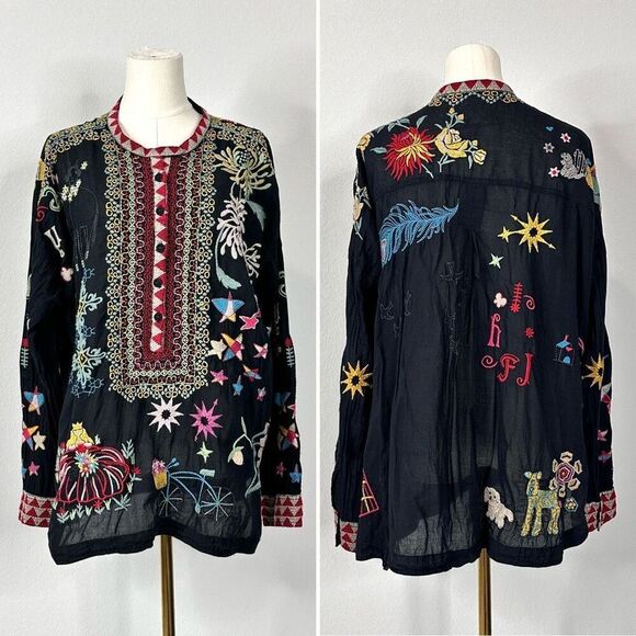 Johnny Was Biya Mishti Cotton Blouse Sz L Boho Embroidered Kitschy - Picture 2 of 16
